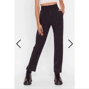 Nasty Gal Pinstripe Smart High Waisted Pants Front Pleats Pockets Blue White
